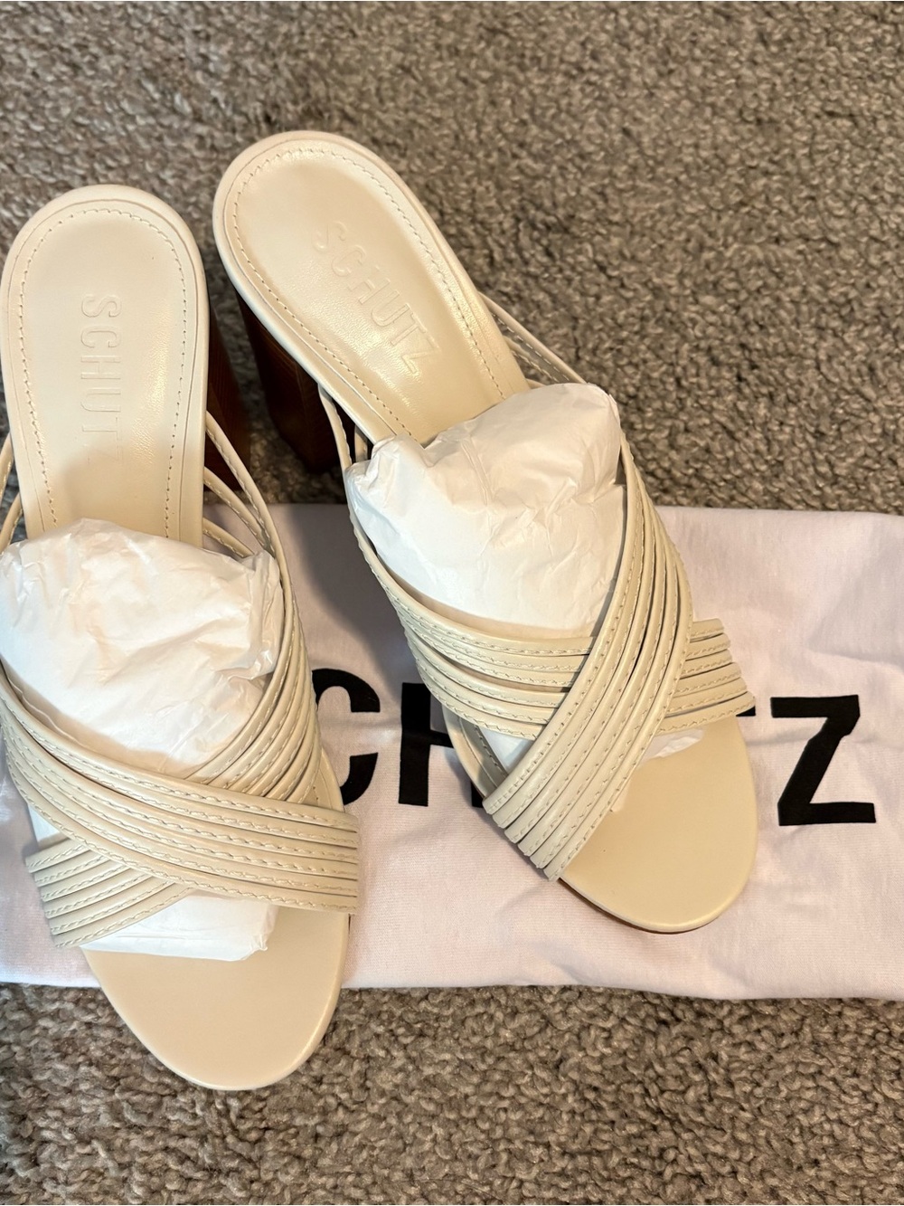 SCHUTZ Neutral Crisscross Slide Sandals in Cream